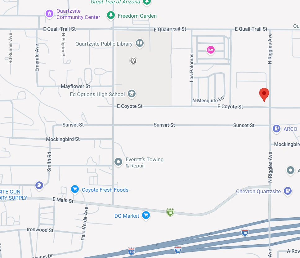 Map showing Quartzsite RV Resort near Interstate 10, fuel stations, and central Quartzsite